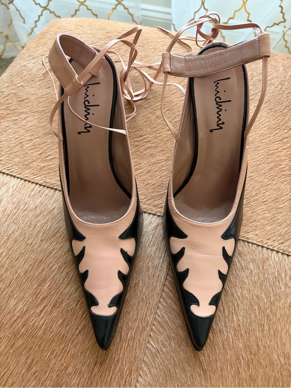 Blush Pink and Black Pointed Lace-Up Heels